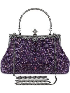 Women's Purple Beaded Vintage Rhinestone Bridal Clutch Formal Purse Evening Bag